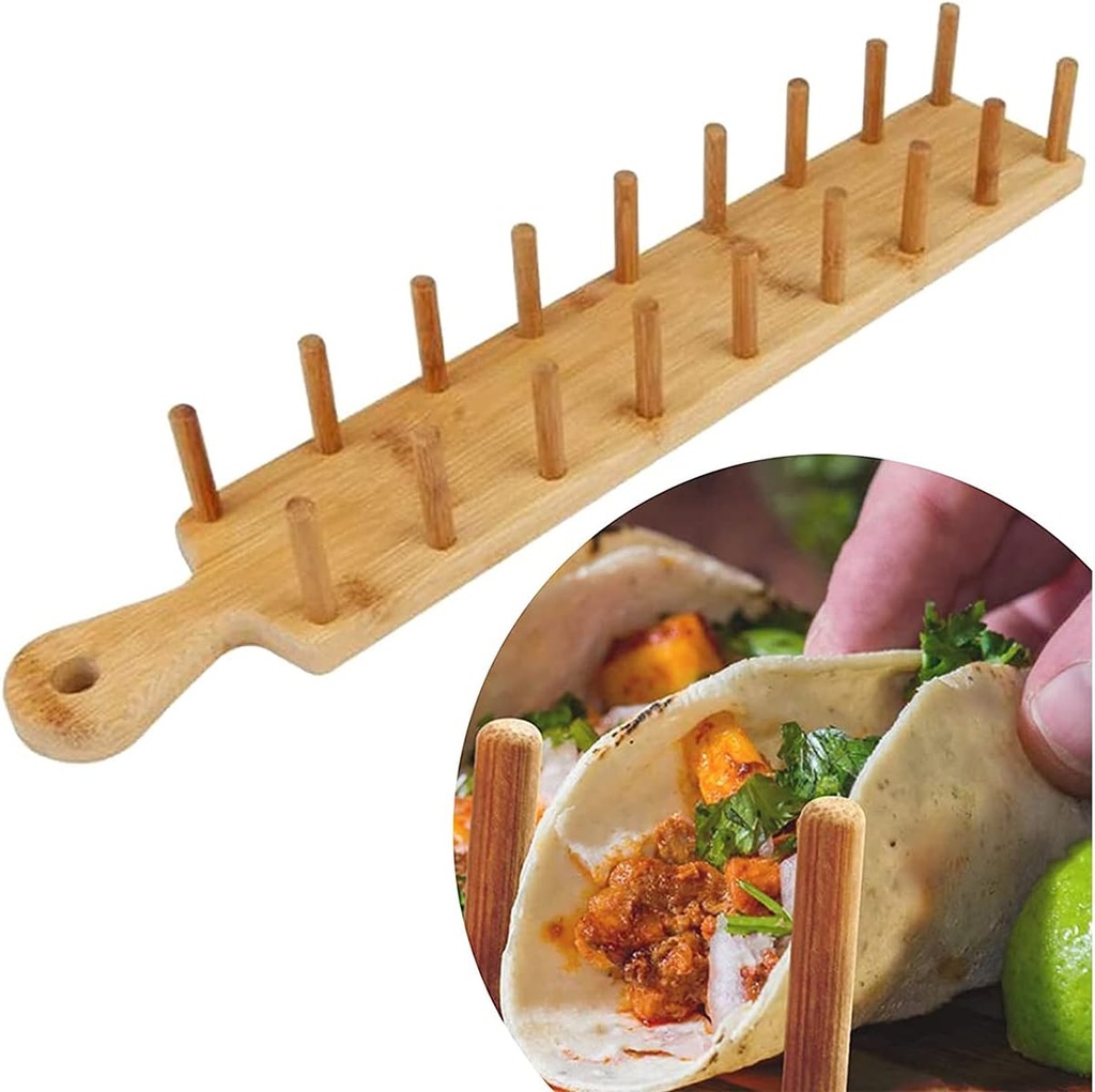 Taco Holders Stand, Natural Bamboo Taco Plates Rack Holds 8 Soft or Hard Shell, Wooden Taco Tray for a Party, Tortillas, Burritos, Home, Parties (1)
