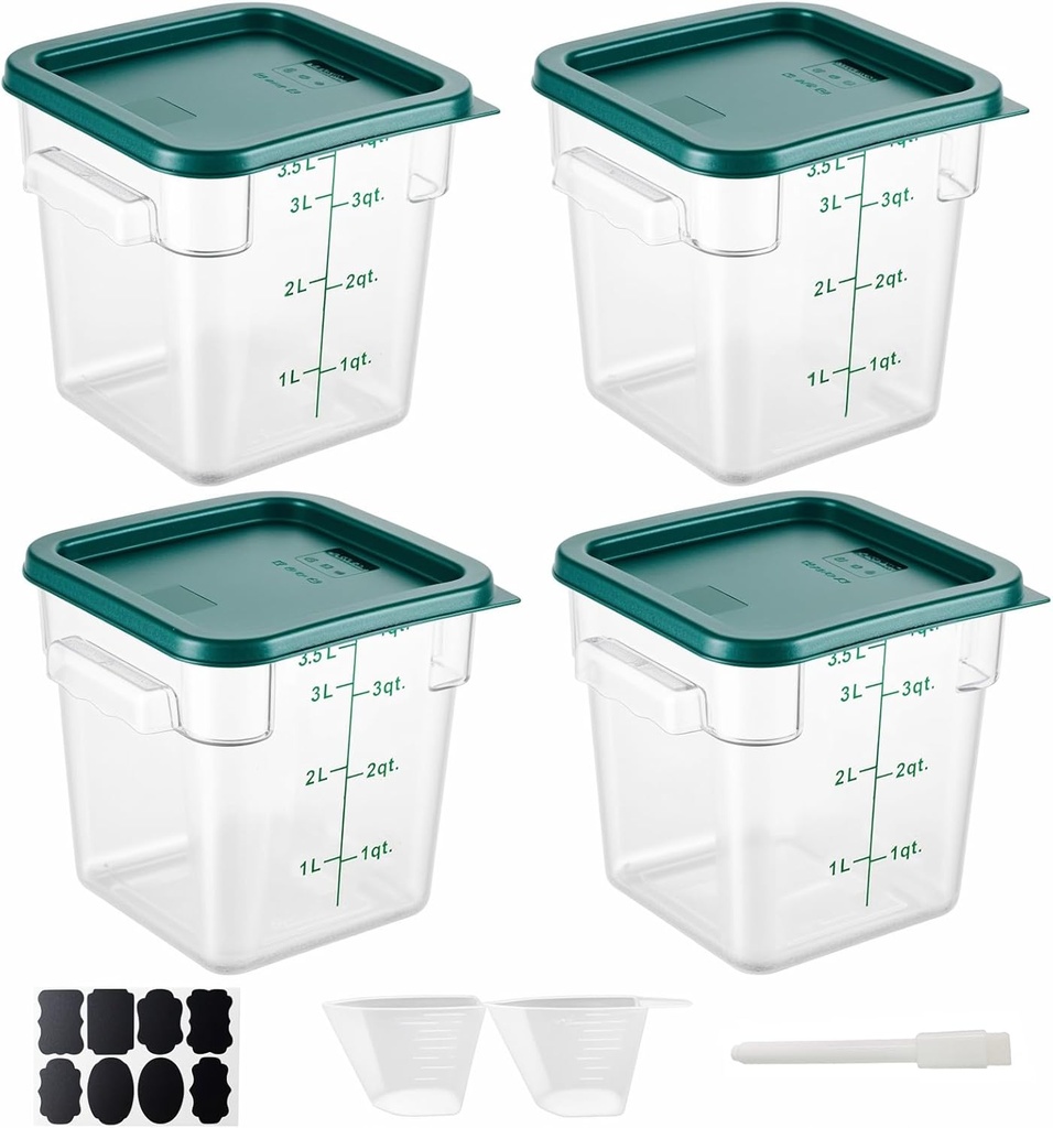 4 Pack 4QT Food Storage Containers with Green Lids, Clear Square Commercial Food Grade Storage Containers with Handles and Scales, BPA-Free Airtight Restaurant Container for Sourdough, Marinating Meat