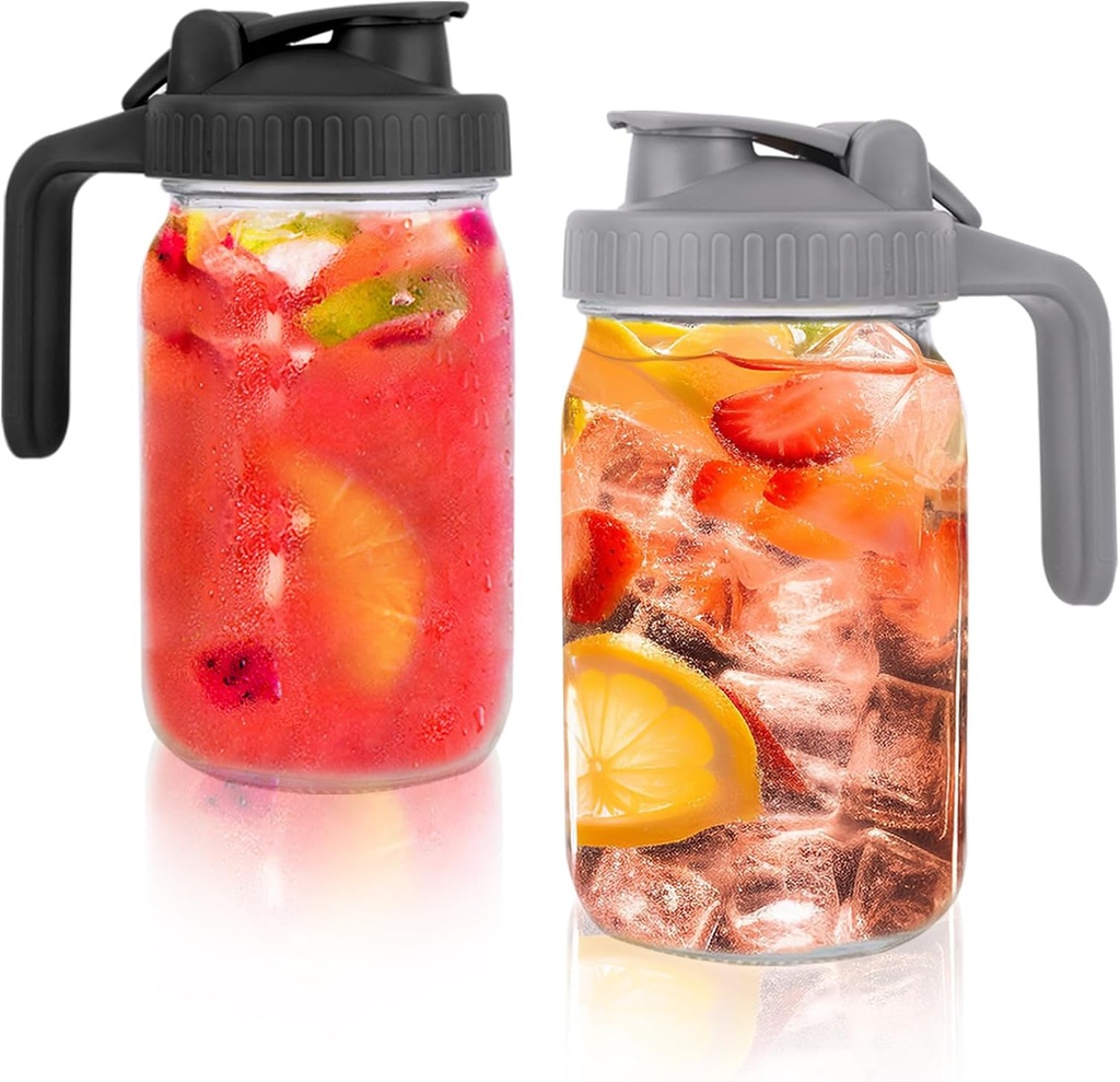 Cold Brew Coffee Maker,Mason Jar Pitcher with Stainless Steel Filter, Pour Spout Handle Lid, Heavy Duty Glass Airtight & Leak-Proof Pitcher for iced coffee Tea Lemonade (2pcs 32oz (black+gley))