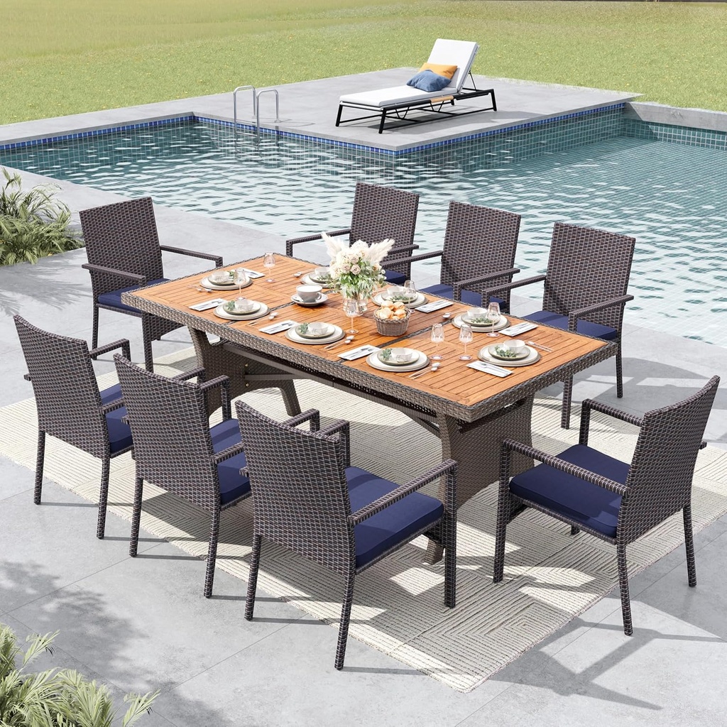 MFSTUDIO Outdoor Dining Sets for 8, 9 Pieces Patio Dining Furniture, 74’’ Rectangular Table Set and Chairs, Acacia Wood Top & Rattan and Metal Frame, Outdoor Patio Modern Furniture