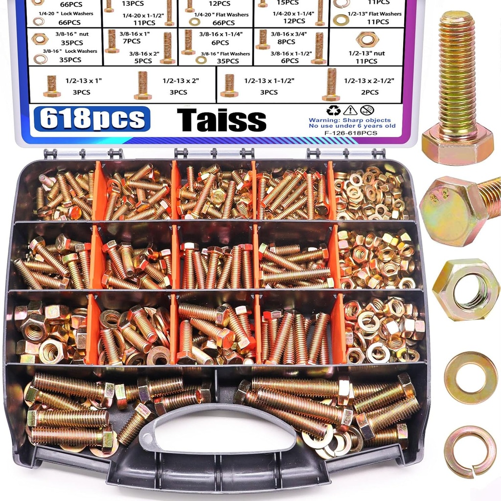 Taiss 618pcs Grade 8.8 Bolts and Nuts Kit,Bolt Assortment Kit 1/4-20,5/16-18,3/8-16,1/2-13 Heavy Duty SAE Hex Bolts and Nuts Kit Flat/Lock Washer Yellow Zinc Plated,with Handheld Box
