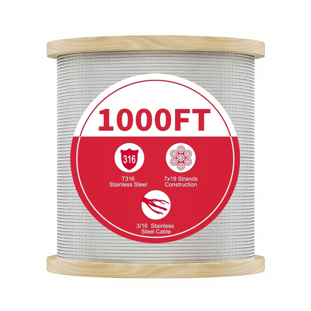 1000FT 3/16 Stainless Steel Cable for Deck Railings System 7 x 19 Strand Construction Aircraft Cable for Rail Deck and DIY Balustrade