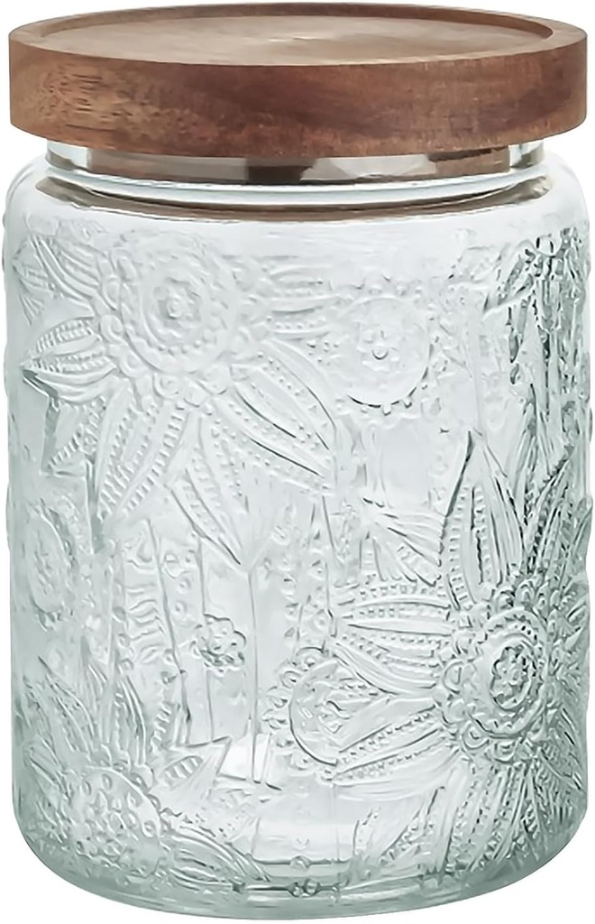 24 OZ Glass Storage Jar with Airtight Bamboo Wooden Lids, Vintage Food Containers Canisters Sets for Kitchen Counter Pantry, Sugar, Flour, Candy, Tea, Coffee Beans, Oats, Grain Bin, Pasta, Cereal