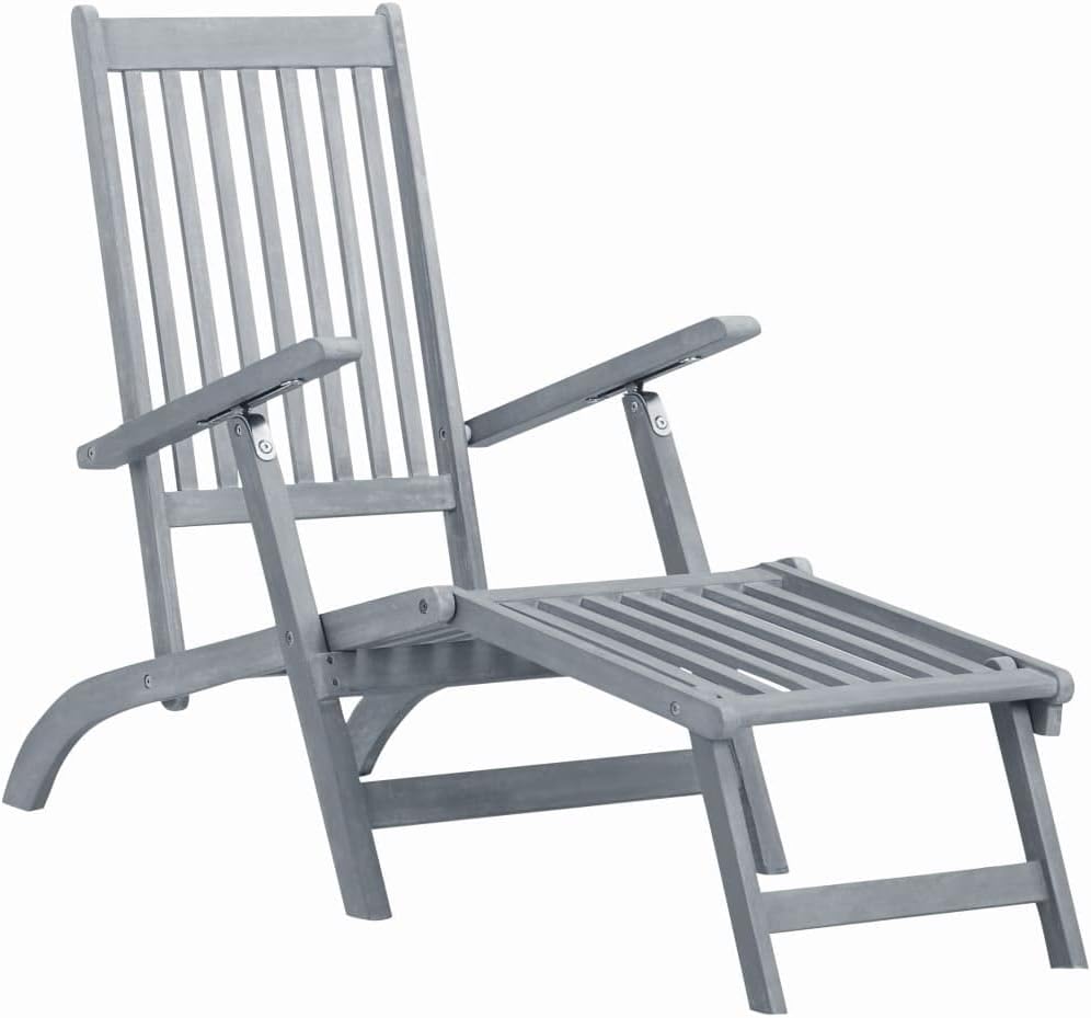 Folding Lounger, Solid Acacia Wood Deck Chair with Footrest, Acacia Steamer Deck Lounge Chair,Portable Deck Recliner for The Patio, Porch, Deck, Lawn, Garden or Home Furniture
