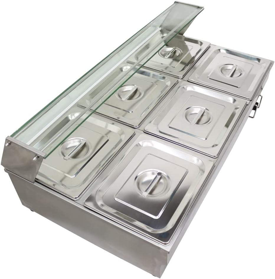 110V 6-Pan Bain-Marie Buffet Food Warmer 2000W with Transparent Cover Electric Stainless Steel Buffet Warmer Electric Steam Table for Restaurants, Hotels, and Cafeterias