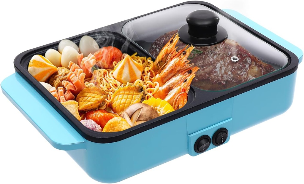 Hot Pot with Grill, Electric Hot Pot and Frying Pan, 2 in 1 Indoor Non-Stick Electric Hot Pot and Frying Pan, Blue Portable Electric BBQ Grill for Indoor Party Family Gatherings