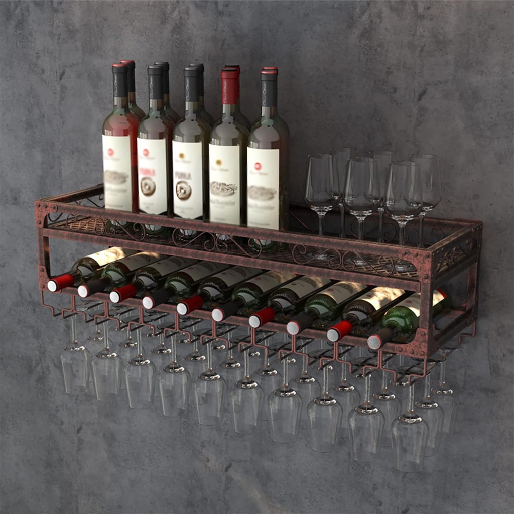 Wall Mounted Wine Rack Wine Glass Goblet Holder, Metal Hanging Wine Holder Bar Wine Cellar Kitchen Counter Floating Storage Display Shelves