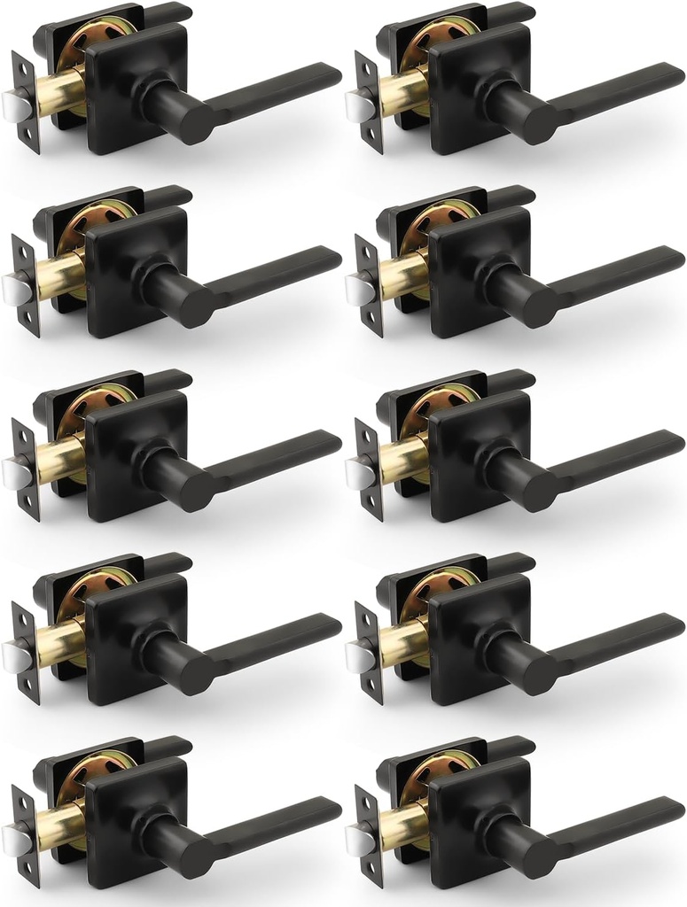 Mengico 10 Pack Passage Door Levers Black Finish, Heavy Duty Interior Door Handles for Closet and Hallway, No-Locking Keyless Square Door Knob, Reversible for Left or Right