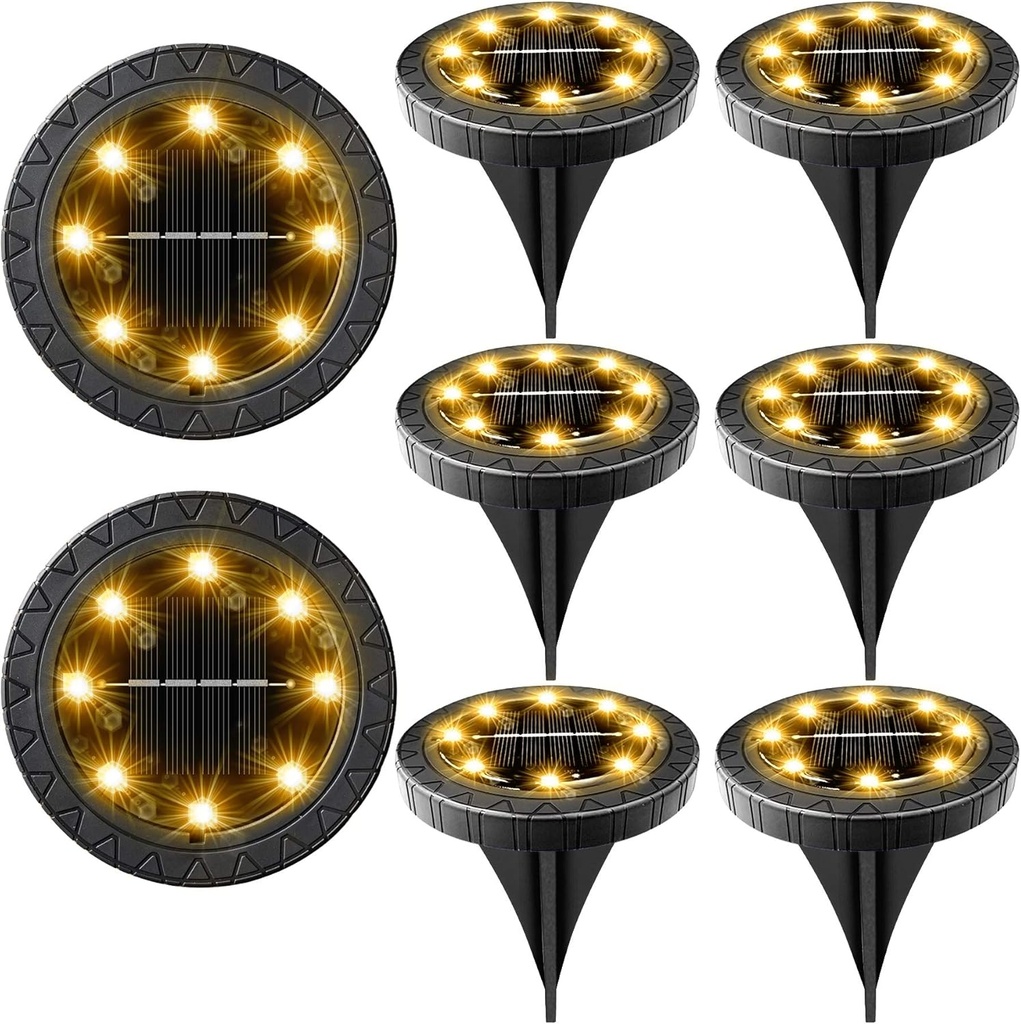 Solar Powered 8 Pack Outdoor LED Disk Lights - IP68 Waterproof, Non-Slip, Wear-Resistant Pathway Lights (Warm White)