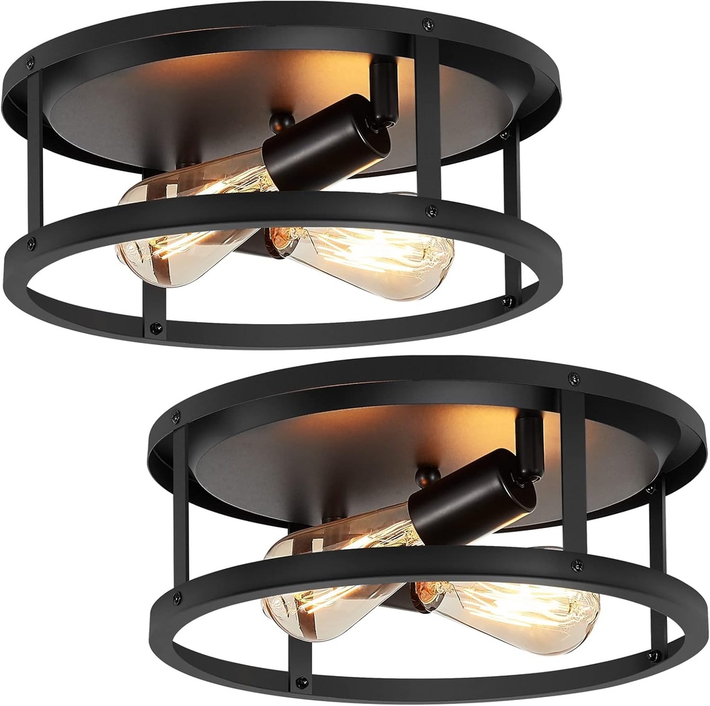 2 Pack Flush Mount Ceiling Light,13 Inch Industrial Farmhouse Ceiling Light Fixture,2-Light Matte Black Flush Mount Light Fixture for Kitchen Dining Room Entryway Hallway,E26 Base