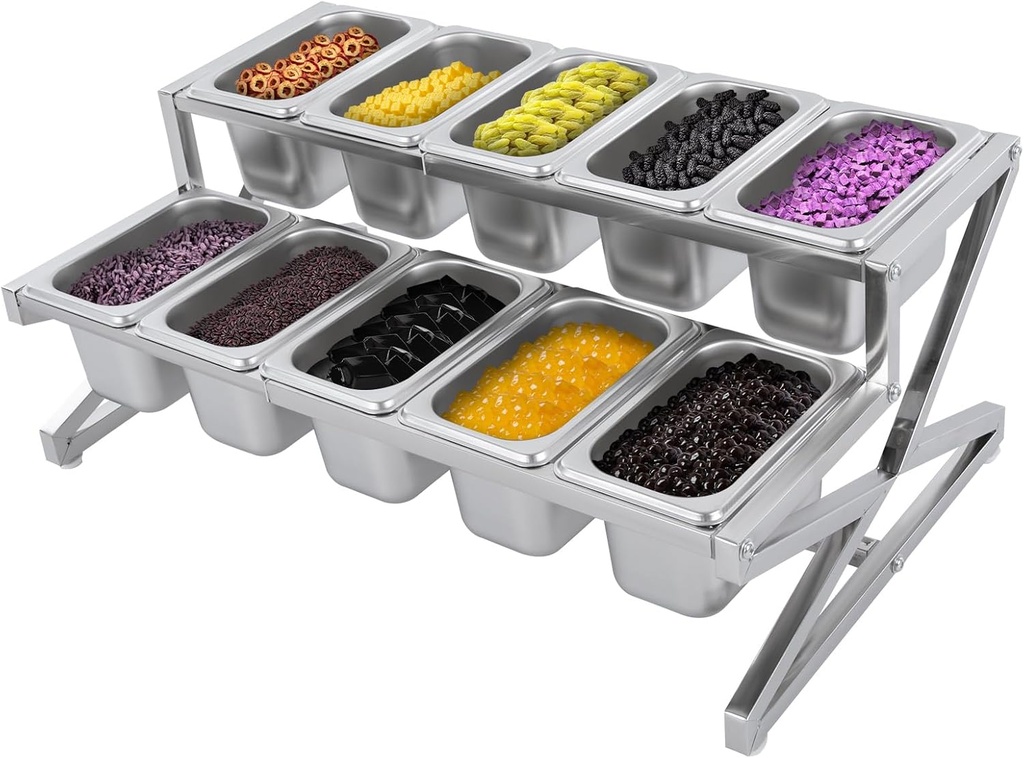 Spice Rack, 10x1/9 Stackable Pans (Per 1.5L/1.59Qt) Expandable Seasoning Rack w/ Lids & Ladles, 10-compartment High-low 2-tier Sauce Shelf, Kitchen Counter Stainless Steel Organizer, 14-25.6*14*7.9in