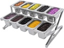 Spice Rack, 10x1/9 Stackable Pans (Per 1.5L/1.59Qt) Expandable Seasoning Rack w/ Lids & Ladles, 10-compartment High-low 2-tier Sauce Shelf, Kitchen Counter Stainless Steel Organizer, 14-25.6*14*7.9in