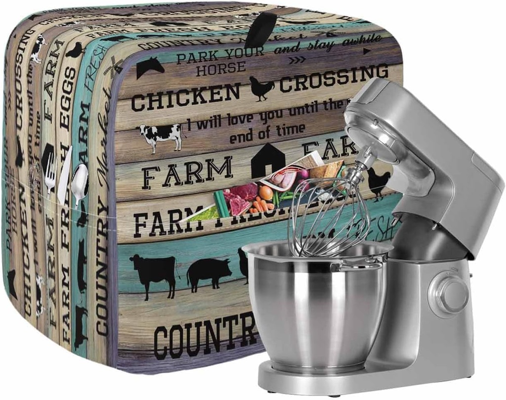 Farmhouse Stand Mixer Cover, Farm Animal Vintage Wood Grain Mixer Covers Waterproof Mixer Cover with Storage Pocket Cover for Kitchen Aid Mixer Easy Clean Dust Cover 14.5"x9.5"x16.5"