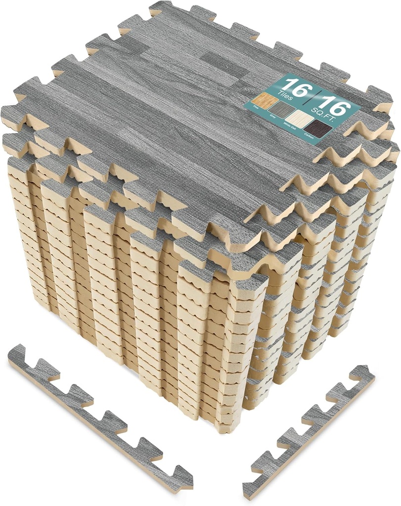 Sorbus Wood Floor Mats Foam Interlocking Mats Each Tile 1 Square Foot 3/8-Inch Thick Puzzle Wood Tiles with Borders – for Home Office Playroom Basement (16 Tiles 16 Sq ft, Wood Grain - Gray)