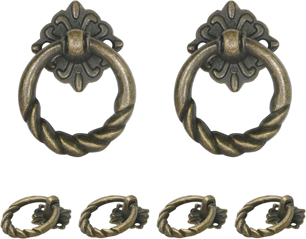 6pcs Bronze Flower Drop Ring Drawer Pulls, Small Vintage Cabinet Ring Handles, Metal Drawer Knobs for Dresser Drawers Cupboards