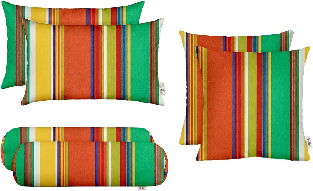 RSH DECOR: 6-Pack Pillow Set | All-Weather Spun Fabric | Water & Fade-Resistant | 17" Square, 20" x 12" Lumbar, 20" x 6" Neck Roll | Outdoor Pillows for Patio Furniture | Bright Colorful Stripe