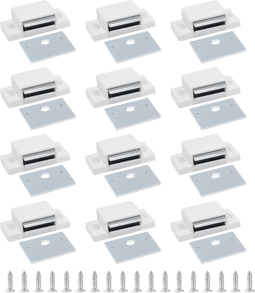 BokWin 12 PCS Magnetic Door Catch,Single Magnetic Catch White-15lb High Magnetic Shutter Hardware for Cupboard Kitchen Bathroom Closet Closures Cabinet Door with Screws