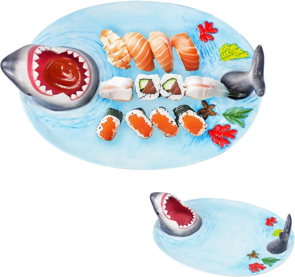 Shark Sushi Plate, Shark Attack Sushi Plate, Shark Plate with Sauce Compartment, Shark Dipping Plate - Lead-Free - Microwave/Oven/Freezer/Dishwasher Safe
