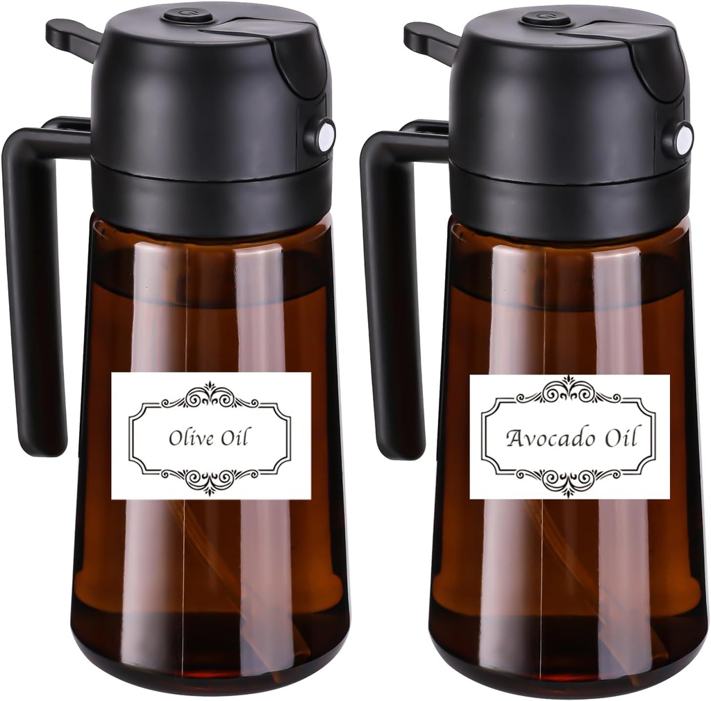 (2-Piece) Olive Oil Dispenser and Oil Sprayer for Cooking with Labels, 16oz/470ml Glass Oil Bottle Coated Brown, 2 in 1 Olive Oil Dispenser Bottle for Kitchen, Oil Mister for Air Fryer, Salad, Frying