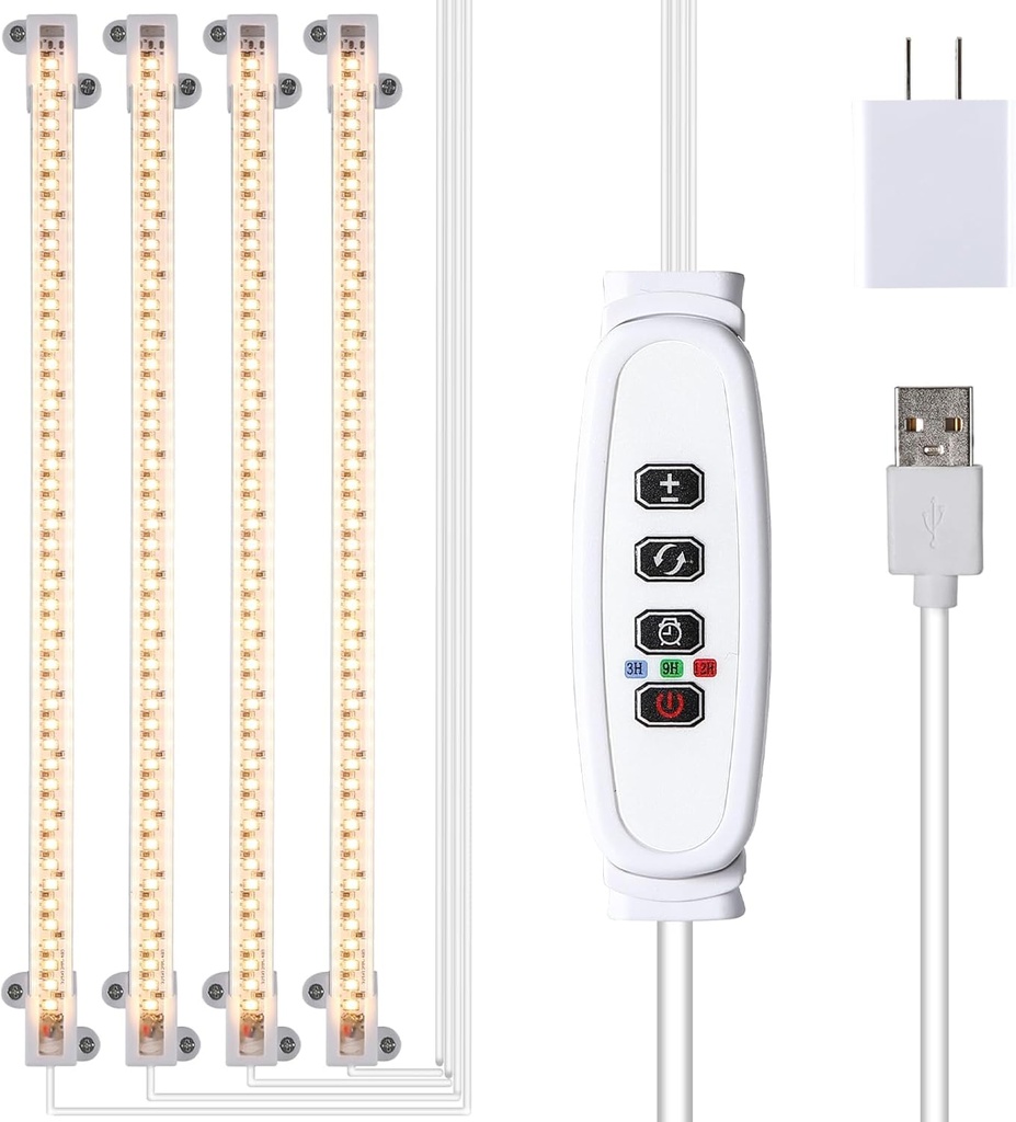 LED Plant Growing lamp, 3500K Full Spectrum Grow Light Strips for Indoor Plants with 3/9/12H Timer & 10 Dimmable Levels, Led Growth Light for Green House Hydroponics Succulent 13In 4Head