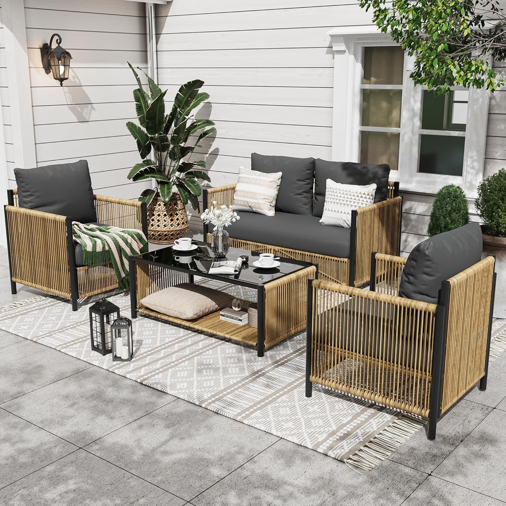 Patio Furniture Set 4 Pieces, Outdoor Furniture 4-Seat Sofa with 2-Layer Coffee Table, Waterproof Thick Cushion Deep Seating,Patio Conversation Sets for Balcony, Garden, Backyard & Porch