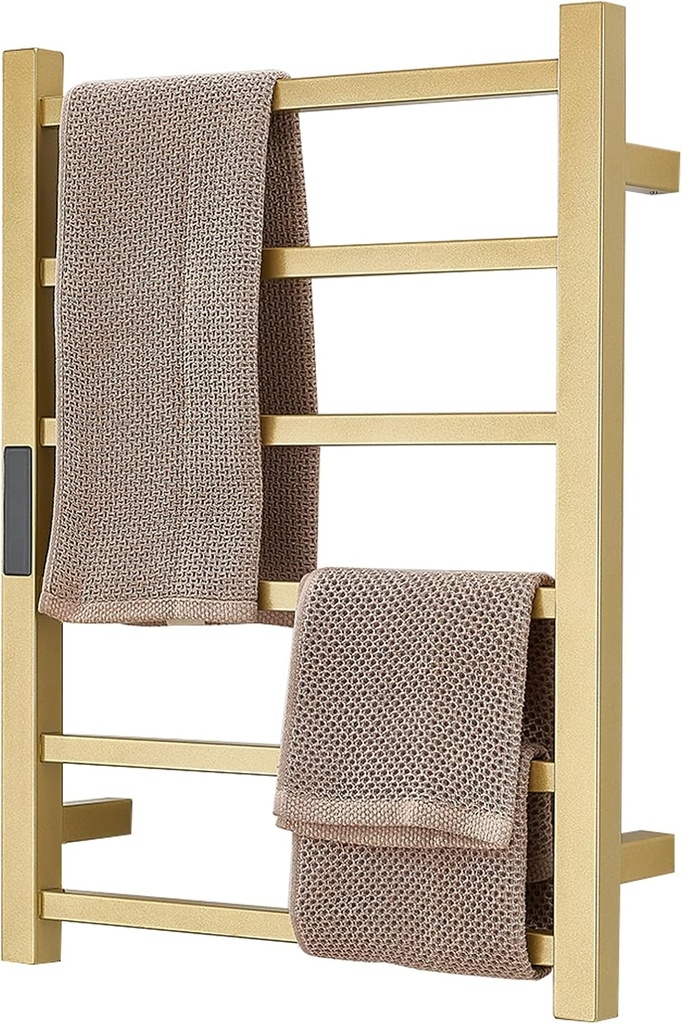 Gold Heated Towel Warmer Rack Bathroom Accessories, Wall Mounted Electric Heated Towel Rail 6 Bars Stainless Steel Electric Drying Racks with Timer, Home Towel Warmer Radiator, Hardwired