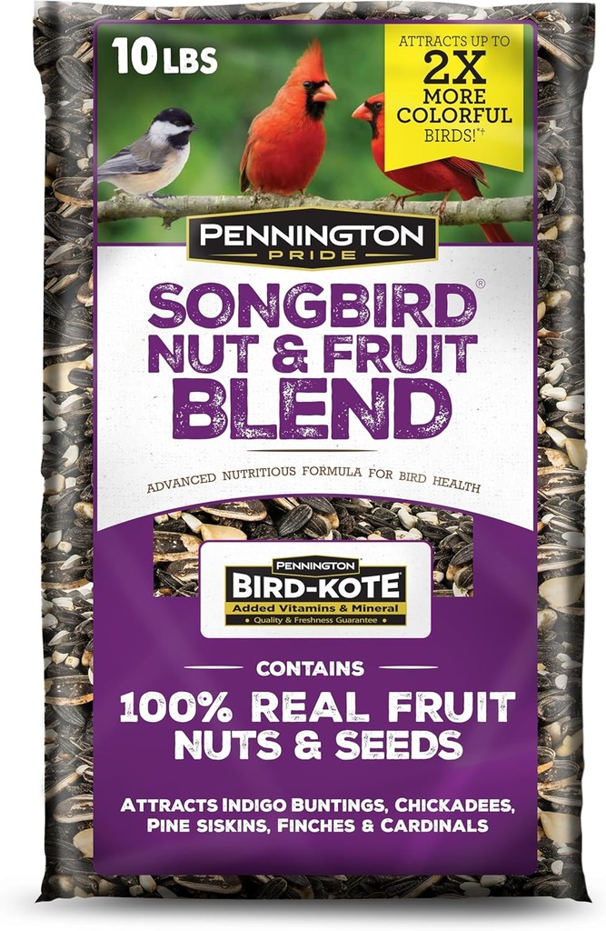 Pennington Pride Songbird Nut & Fruit Blend, Wild Bird Seed for Outside Feeders, Advanced Nutrition Formula for Bird Health, 10-lb. Bag
