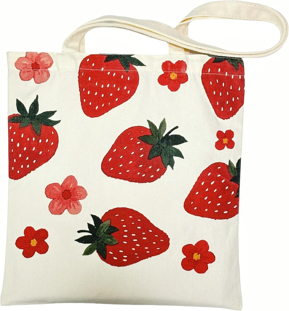 Cute Canvas Small Tote Bag for Women, Aesthetic Strawberry Print Fruit Pattern Reusable Grocery Cloth Bags for Shopping, College, Work, Vacation (13in*15in)