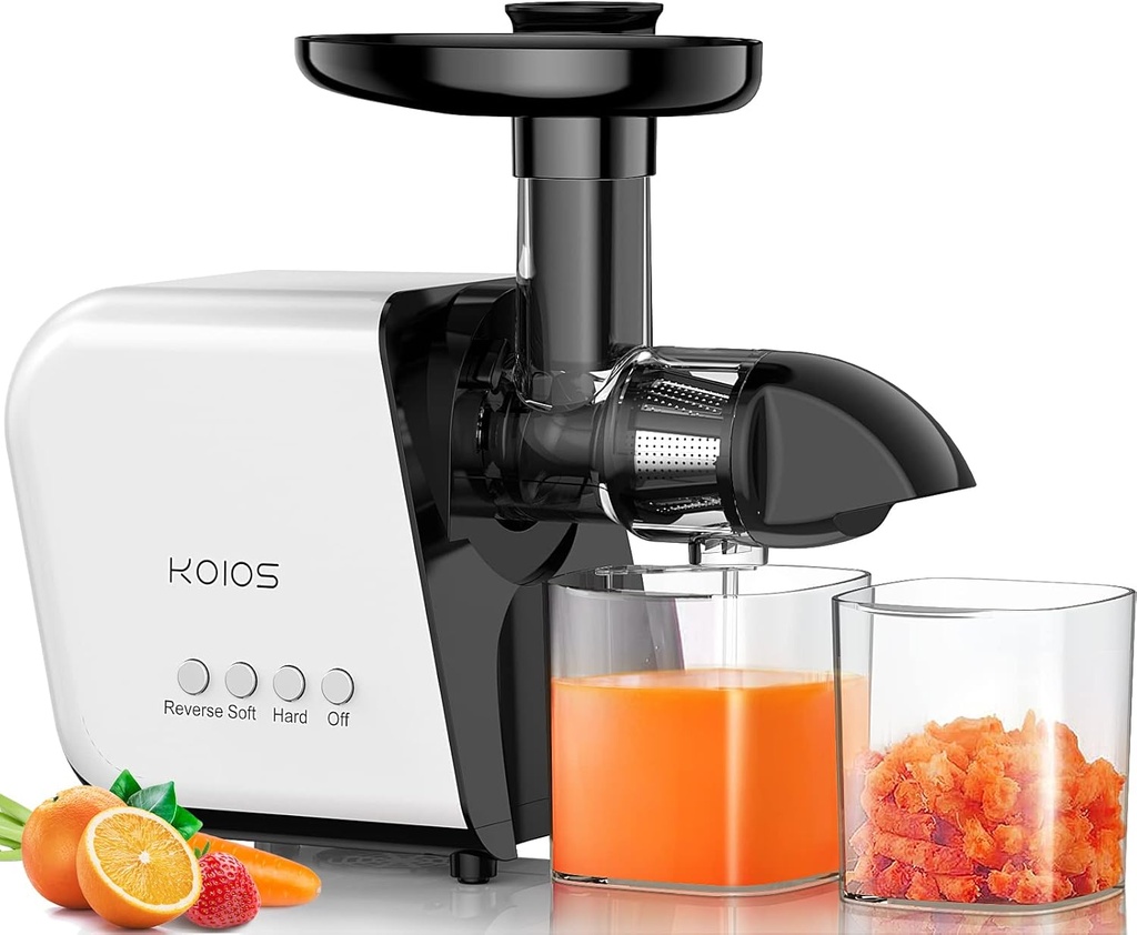 KOIOS Juicer, Slow Masticating Juicer Extractor with Reverse Function, Cold Press Juicer Machine with Quiet Motor, Juice Jug and Brush for High Nutrie (White-Black)