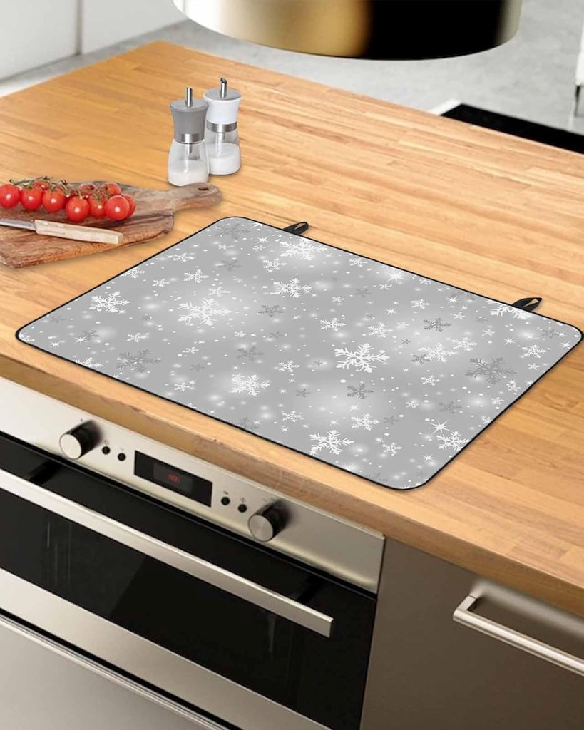 Christmas Countertop Burners Protection Mats for Kitchen, Winter Snowflake Christmas Grey Rubber Stove Top Cover Mat, Heat Proof Mats Cooktop Cover for Counter Dish Drying Mat, 31"x24"
