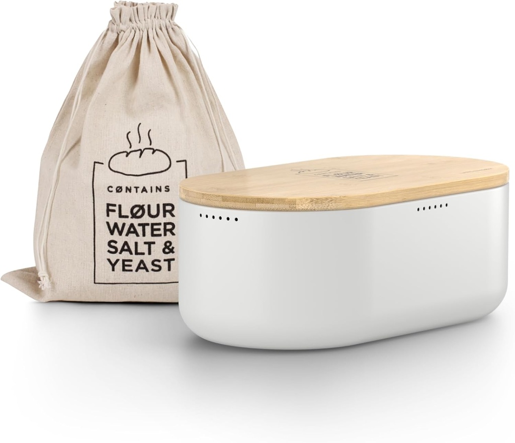 LARS NYSØM Bread Box I Metal Box with linen bag for long lasting freshness I Bread Bin with bamboo lid usable as cutting board I 14.2x7.5x5.1 In (Pure White)