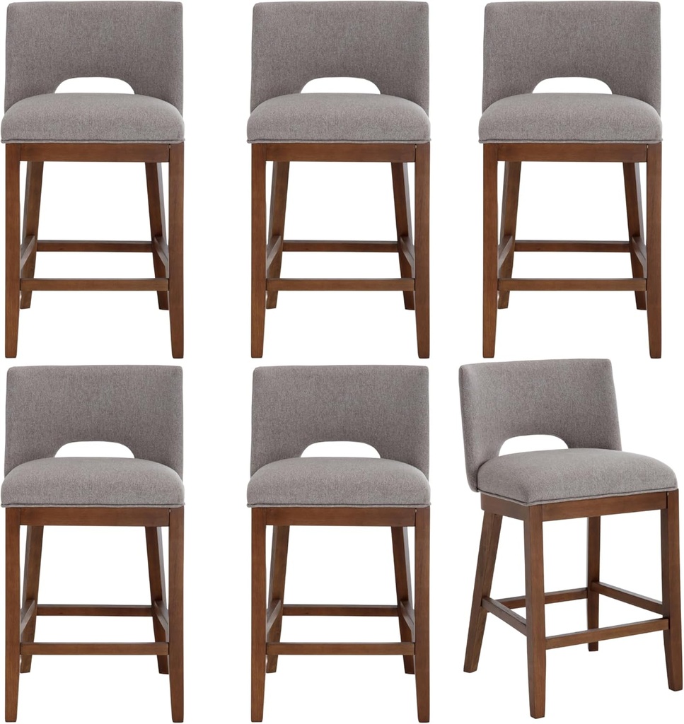 chairus 26 Inch Bar Stools Set of 6 Armless Padded Counter Stools with Wood Back and Legs Upholstered Linen Fabric Stool Chair for Kitchen Counter, Bar Island, Grey