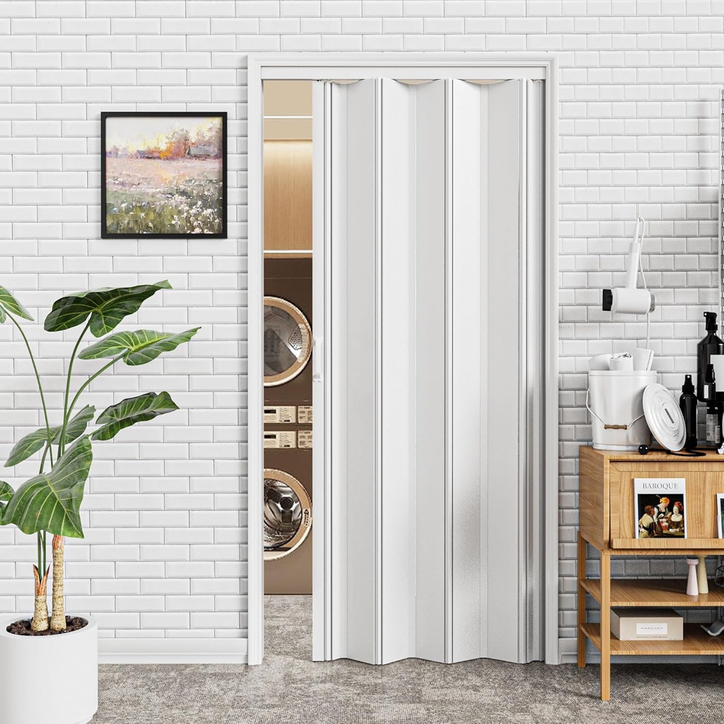 24-36 x 80in Accordion Doors Interior Folding Door, White PVC Accordion Door with Upgraded Roller & Handle & Complete Hardware, for Closet Bathroom Doorways