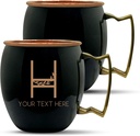 Custom Copper Moscow Mule with Smooth Painted Finish - Engraved Bar Style 100% Copper Cup with Personalized Hollow Vines Letter Monogram Themed Engraving, Brass Handle | 18 oz, Black | Set of 2