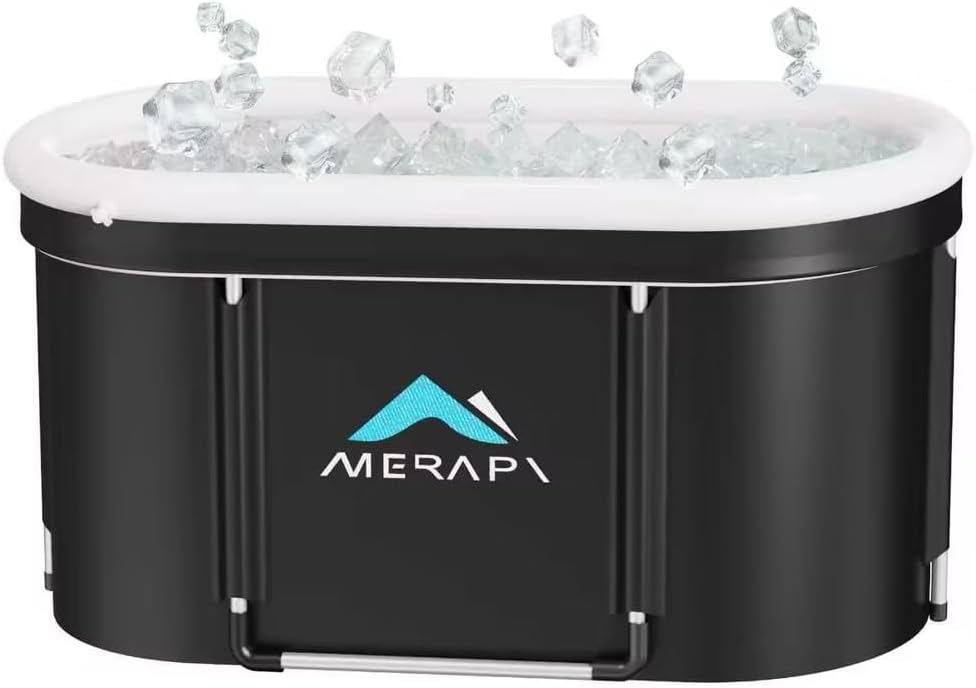 Merapi XL 131 Gal Portable Ice Bath Tub - Large Oval Cold Plunge for Athletes Recovery, Foldable Ice Bath Tub for Muscle Recovery, Home Gym, Outdoor Cold Therapy with Fast Drainage & Neck Cushion