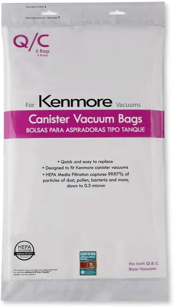 Compatible with Kenmore Canister Vacuum Bags Type Q/С HEPA - Models 5055, 50557, 50558, 20-53292, 53291, 200, 400, 700, 800 Series - Pack of 6 Premium Cloth Bags