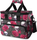 MNSRUU Insulated Cooler Bag With Skulls and Rose Flowers - Grey Lunch Tote for Picnics and Beach - Leakproof Lunch Box Container