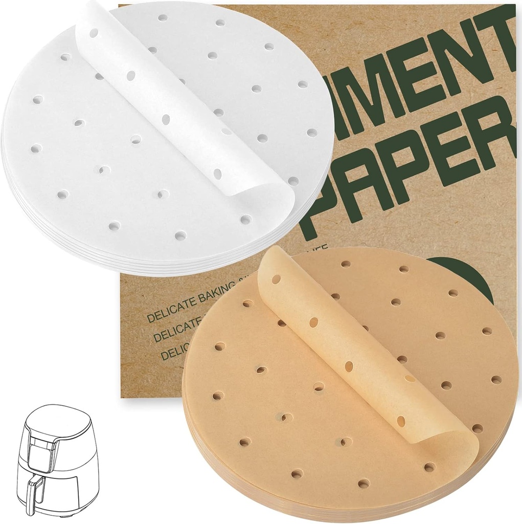 Air Fryer Parchment Paper Liners, Numola 100 Pcs 9 Inch Unbleached Parchment Paper for Air Fryer and 100 Pcs 9 Inch White Air Fryer Paper Liners, Non-stick Steamer Liners for Oven, Microwave Bundle