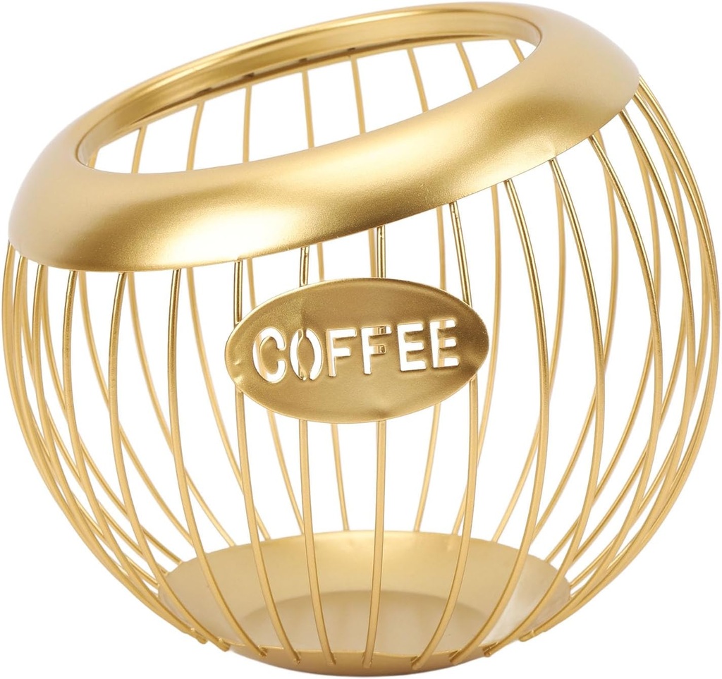 Metal Wire Coffee Pod Holder Large Capacity Iron Storage Basket Organizer for Coffee Bar Counter Desktop Space Saving Design Durable Compact Size 20cm Diameter 18cm Height (Gold)