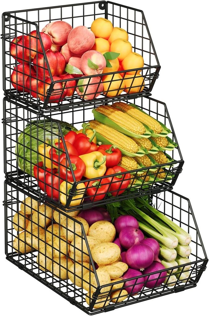 X-cosrack 3-Tier Stackable Wire Baskets for Pantry Organization and Storage, Kitchen Counter Basket for Potato Onion Storage, Fruit and Vegetable Storage Basket, Metal Baskets for Snack Produce Cans