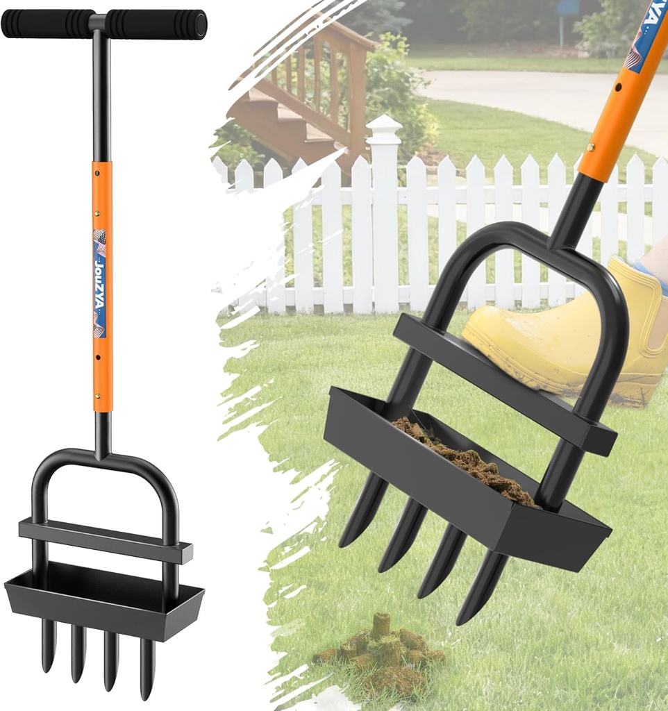 Lawn Aerator Coring Tool with Soil Core Collection Tray, 4 Tines Manual Yard Air Grass Aerator Gardening Tool for Lawn Care Courtyard,Orange (Coral)