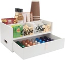 2-Tier Coffee Bar Organizer with Clear Acrylic Top, Built-in Drawer and Leather Handle Pull for Countertop, Stylish Coffee Station Storage Box for Accessories, Pods, Great Gifts for Home