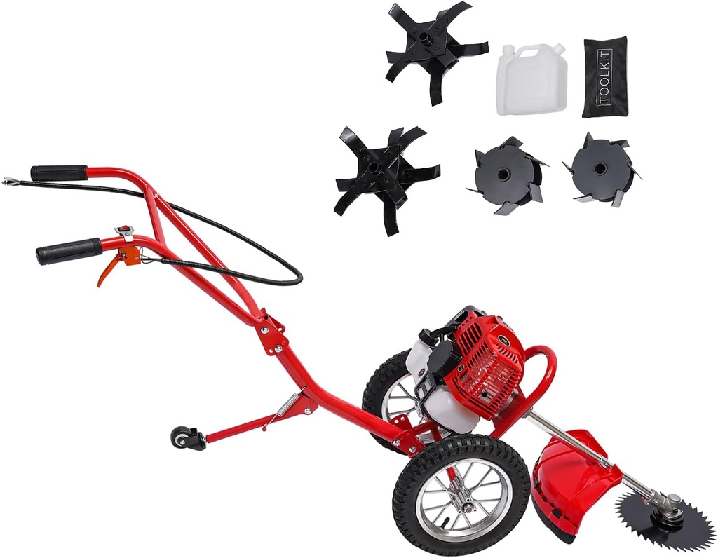 Walk Behind Weed Wacker 49CC 2 Stroke Gasoline Weed Eater Push Brush Cutter 2 in 1 Gas String Trimmer Yard Tool with 7000r/min, Quick Start Grass Cutter with Wheels for Farm, Lawn, Yard