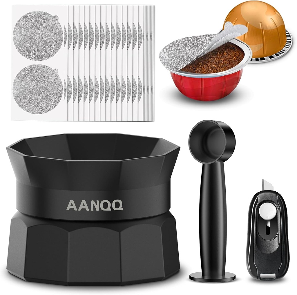 AANQQ Refill Kit for Nespresso Pods Vertuo: Reusable Vertuo Pod Holder with 100pcs Aluminum Foil Seal Lids for VertuoLine Capsules - Work with All Vertuoline/VertuoPlus/Next/Pop Machine(NO PODS)