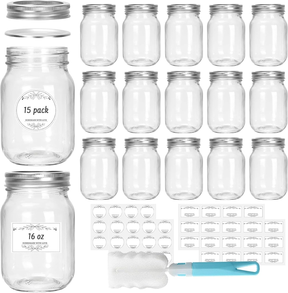16 oz Glass Mason Jars, 15 Pack Regular Mouth Glass Canning Jars with Silver Aluminum Lids and Bands, Airtight Jam Jars for Food Storage, Pickling, Fermenting, Honey, Jelly, DIY Candles Decor