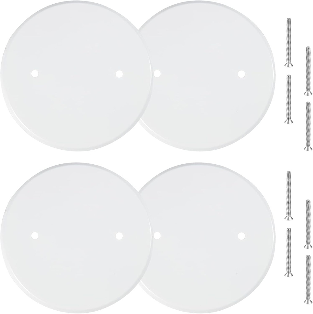 4 Packs 5 Inch Ceiling Cover Plate Metal Flat Round Electrical Cover Blank Circle Wall Plate with Screws Ceiling Fan Switch Cap, Holes Are Spaced 3.5 Inches, White (For 4 inch Electrical Box)