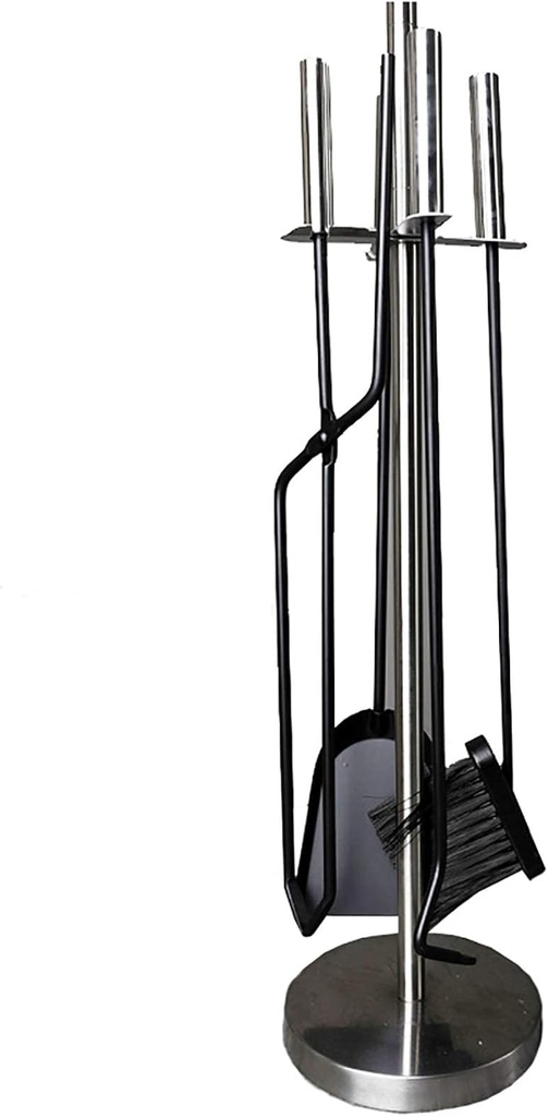 5 Pieces Silver Fireplace Tools Sets, Contemporary Fireside Companion Tool Set: Broom, Shovel, Tongs & Poker with Stand - 26 Inch Height