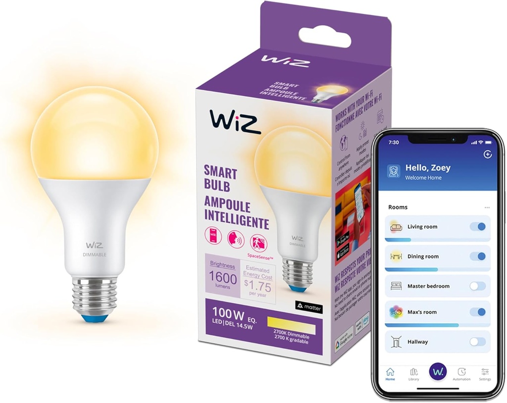 WiZ Connected 100W A21 Soft White LED Smart Bulb 1-Pack - E26- Indoor - Connects to Your Wi-Fi - Control with Voice or App + Activate with Motion - Matter Compatible