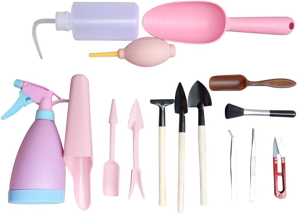 JIAN YA NA 15 Pieces Mini Gardening Hand Tool Set Succulent Plants Kettle Transplant Miniature Immortal Garden Planting Hand Tools (Pink)