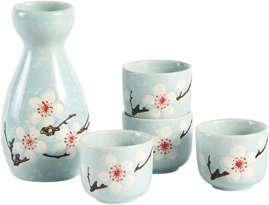 Japanese Sake Set, 5 Piece Sake Cup Set, Quaint Texture Elegant Flowers Design, for Cold/Warm/Shochu/Tea Best Gift for Family and Friends-Tea Service